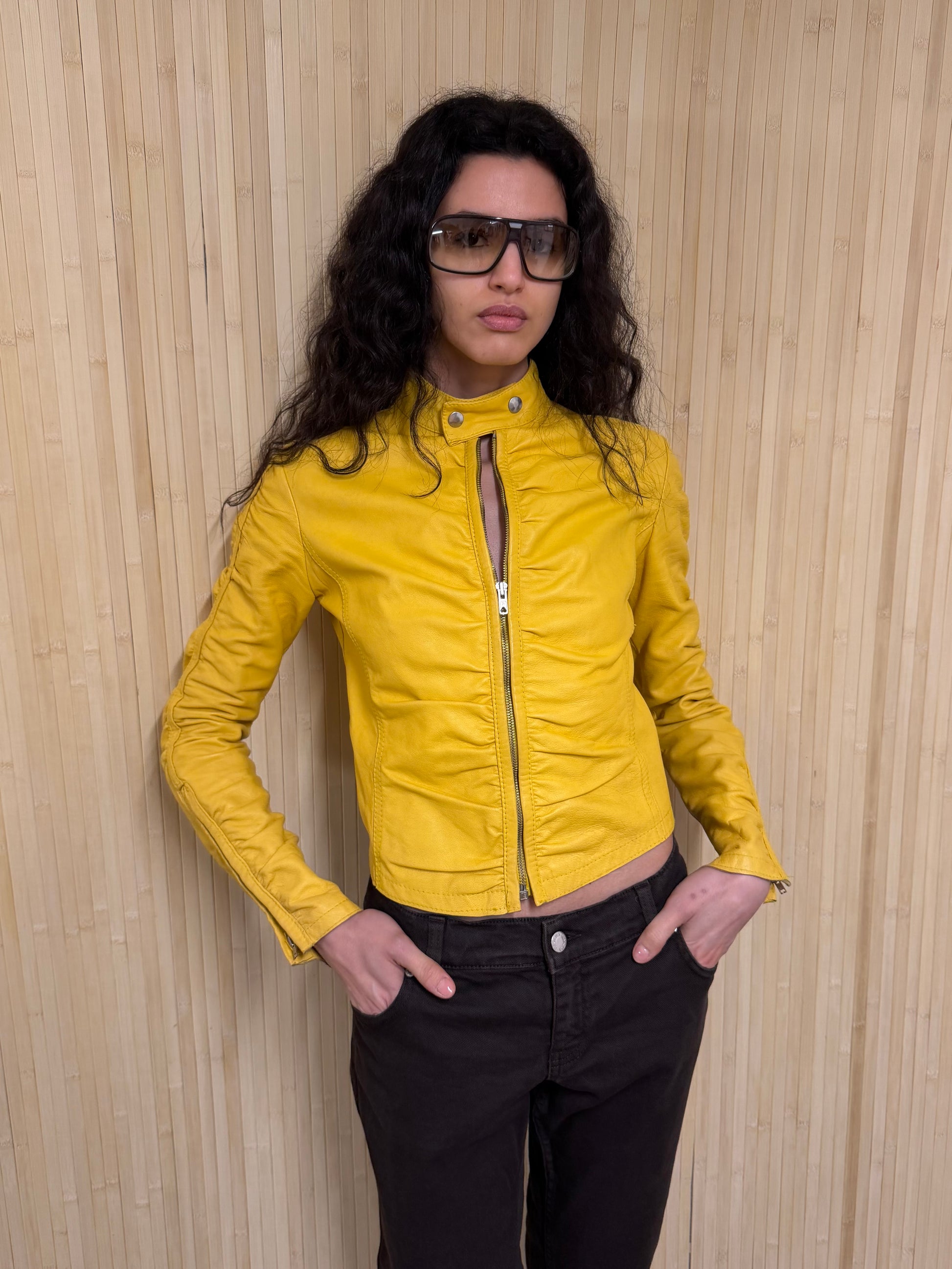 Yellow leather ruched jacket