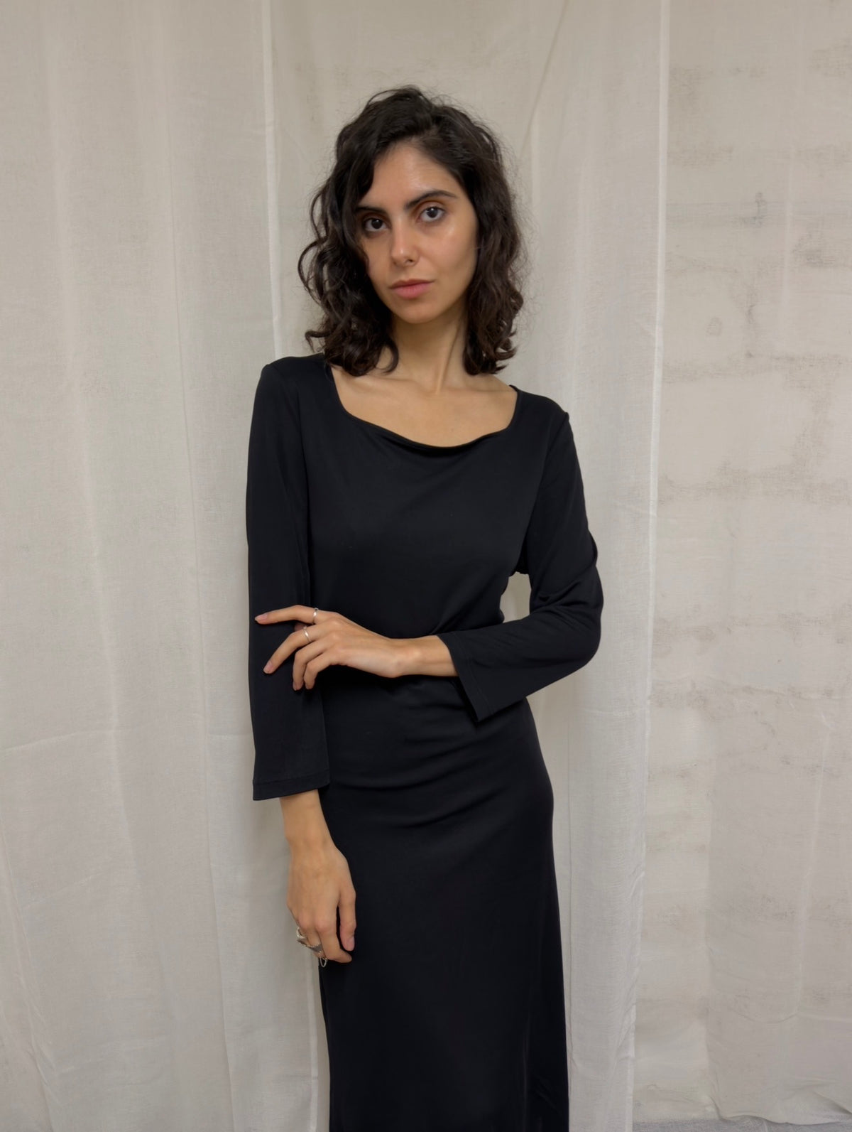 Black Open-Back Midi Dress