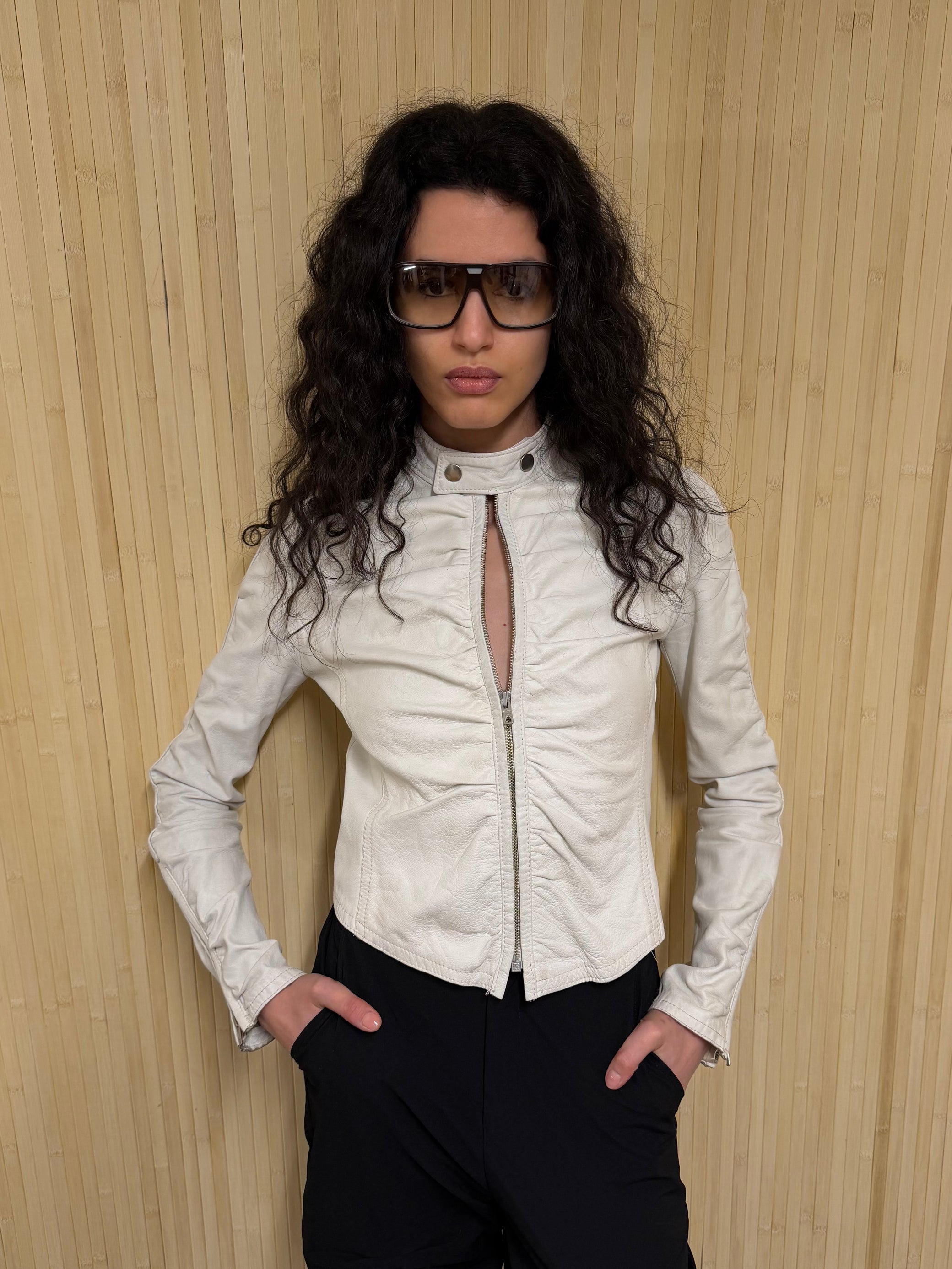 Ruched white leather jacket